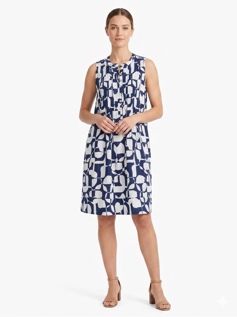 Sleeveless Navy And White Geometric Shift Dress
